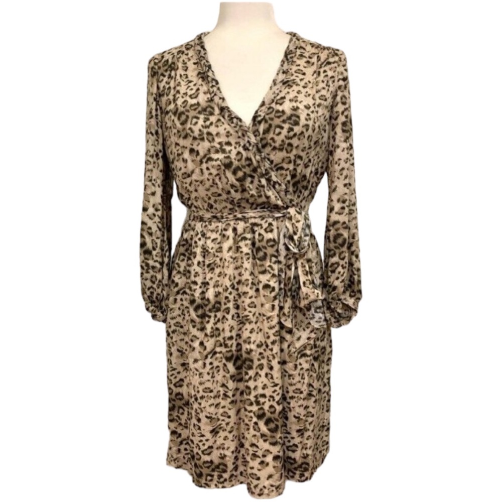 Rebecca Taylor Leopard Faux Wrap Midi Dress Belted size 4 Long Sleeves